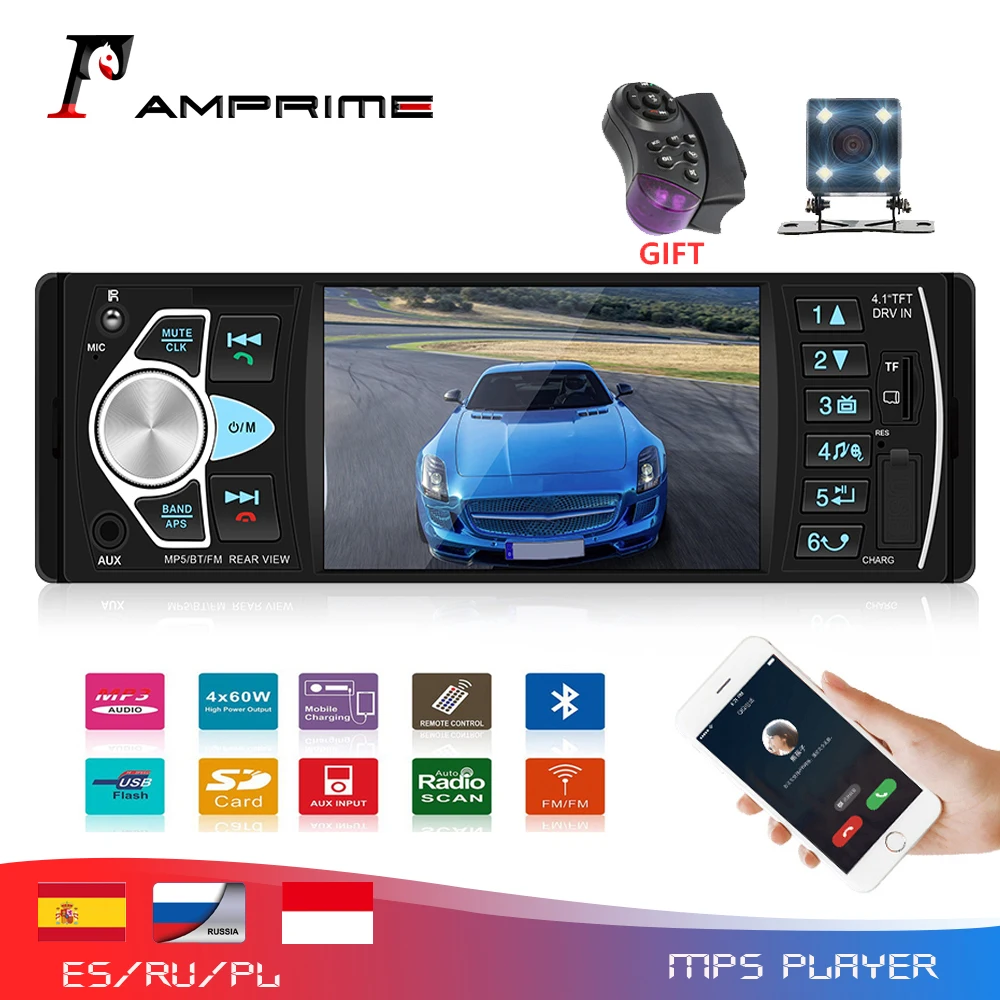 Автомобильный радиоприемник AMPrime 4022D с цифровым экраном 4 1 дюйма 1DIN поддержка USB AUX FM BT пульт дистанционного