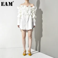 [EAM] Женская Объемная блузка с вырезом лодочкой и оборками, новая свободная рубашка с длинным рукавом, модная весенняя Осенняя JS6620