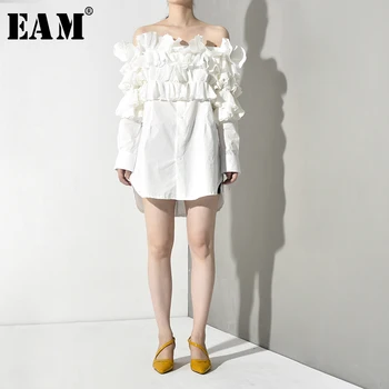 

[EAM] Women Slash Neck Ruffles Three-dimensional Blouse New Long Sleeve Loose Fit Shirt Fashion Tide Spring Autumn 2020 JS6620