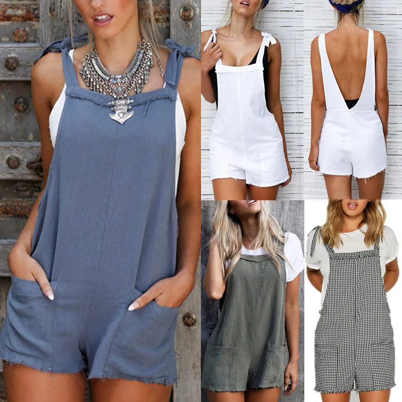 2018 Summer Women Casual Short Bodysuit Plus Size Strappy Rompers Overall Sexy Mini Playsuit Jumpsuit Sleeveless Pockets Loose