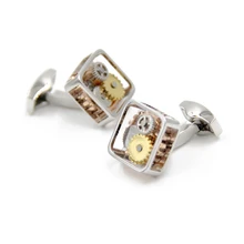 Cuff links of Gear Design High Quality Silver Square Framed Steampunk Gear Watch Mechanism Cufflinks for men,Free Shipping