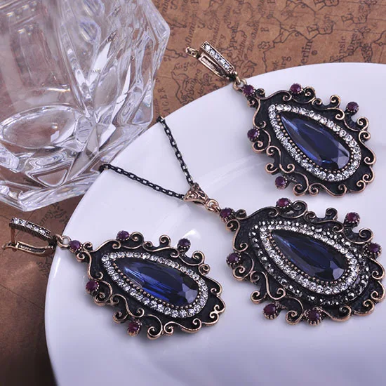 Fashion Retro Turkish Emerald jewelry Sets Turkey Vintage Antique Gold