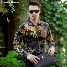 Китайский стиль Дракон цветочный узор печать мода тонкий длинный рукав рубашка осень новое качество золотой бархат Мужская рубашка M-XXXL