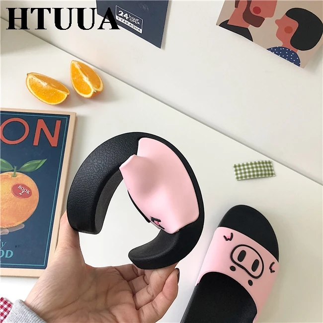 HTUUA/милые тапочки с рисунком поросенка Женские летние шлепанцы на плоской