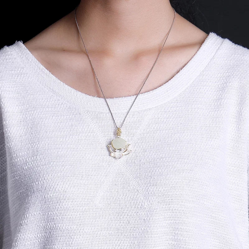 Настоящее натуральное Нефритовое ожерелье в форме лотоса для женщин элегантное и роскошное Настоящее 925 пробы Серебряное ожерелье хорошее ювелирное изделие