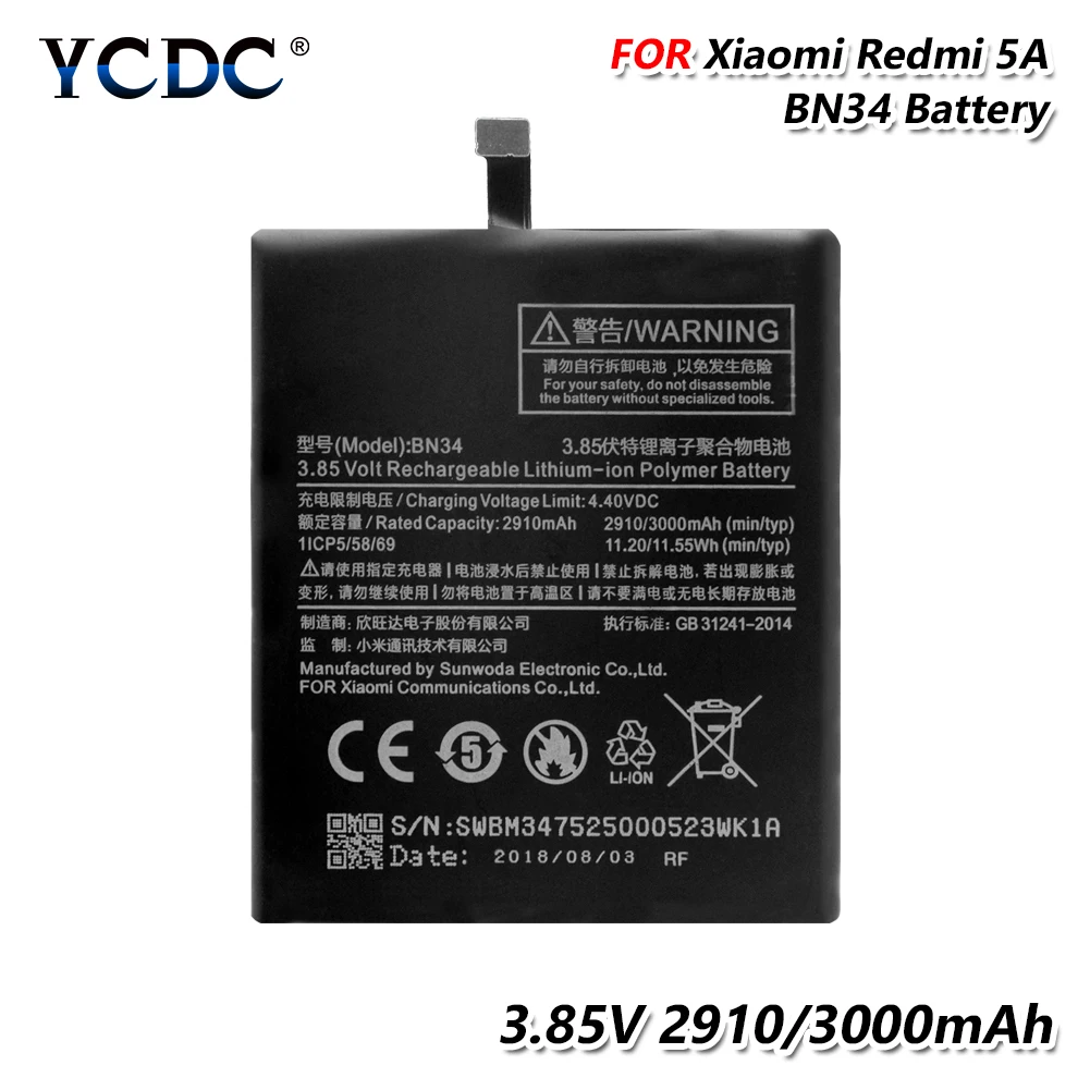 YCDC телефон для Xiaomi Redmi 5A 3,85 V 3000mAh Мобильный сменный аккумулятор BN34 BN 34 BN-34