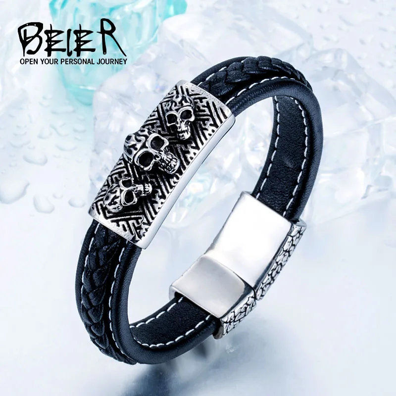 

BEIER Wholesale Dropshipping Man's High Quality Genes Leather Three Skull Punk rock Bracelet Bangle For Man Boy`s gift BC-L013