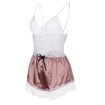 

New Fashion Ladies Underwear Sexy Solid V-Neck Lace Patchwork Bow Backles Sling Pajamas Sets Conjunto de pijama de pijama #E