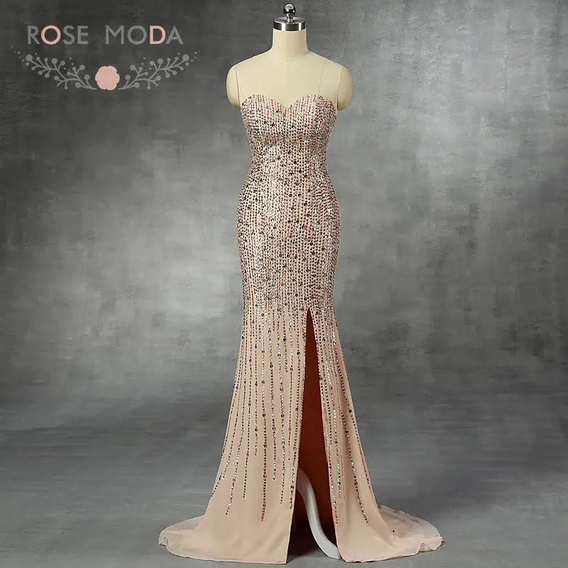 

Rose Moda Sweetheart Dazzling Crystal Nude Prom Dress with Front Slit Reflective Dresses 2019