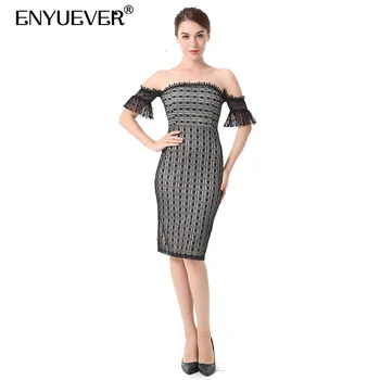 

Enyuever Black Formal Dress Lace Slim Off Shoulder Runway Backless Bodycon Pencil Robe Sexy Night Party Dress Clubwear Vestidos