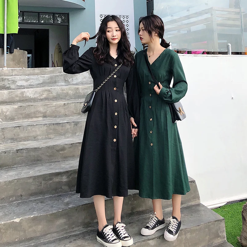 

Vintage Dress Korean Elegant Cotton Linen Single Breasted V Neck Long Sleeve High Waist A Line Women 2019 Srping Beach Dress