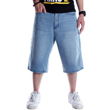 

Men's hip hop loose light blue denim shorts Summer calf length hiphop plus large size jeans Skateboard streetwear Capri