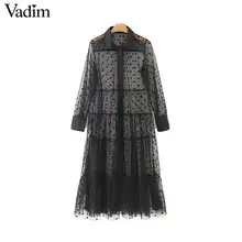 Vadim mujer elegante polka dot patchwork transparente midi camisa Vestido de manga larga Mujer chic sexy vestidos de malla vestidos QB670(China)