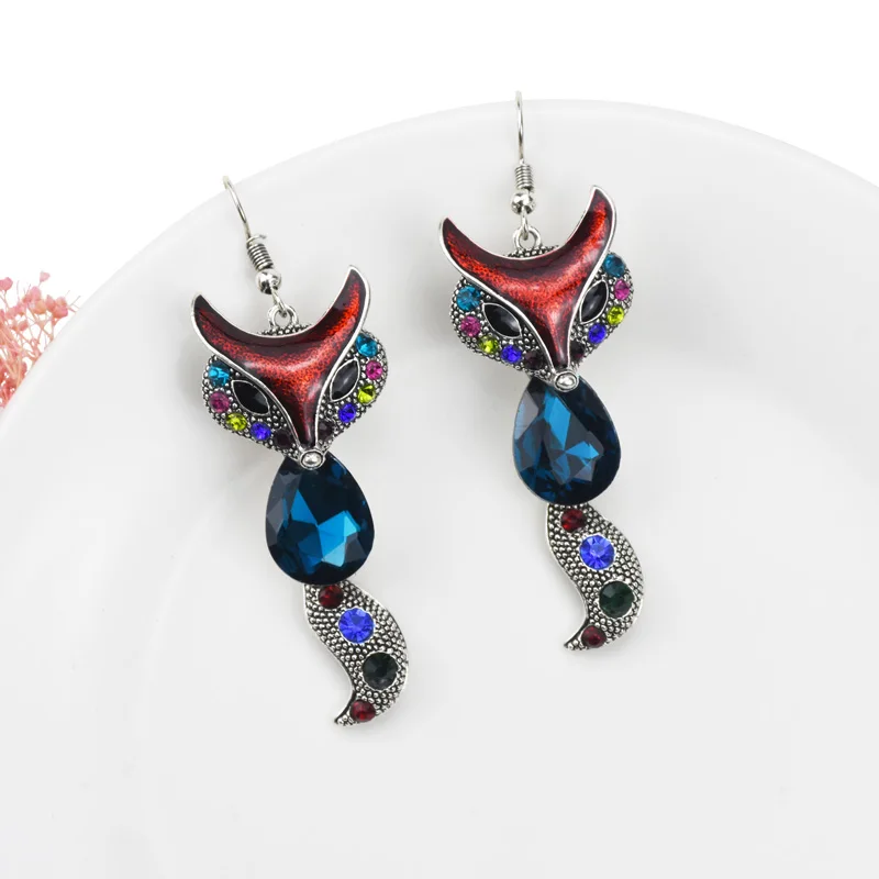 

Bohemian Colorful Crystal Rhinestone Earrings For Women Vintage Long Cute Fox Drop Dangle Earrings Fashion Jewelry Wedding Gift