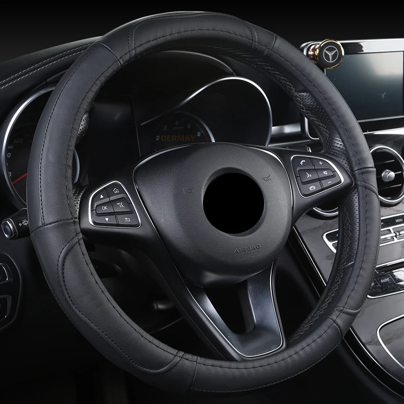 Black Genuine Leather Steering Wheel Cover Cowhide Universal for Renault Ford Lada Opel VW Fiat Mazda Toyota 37-38cm Steering Wheel - Название цвета: Black