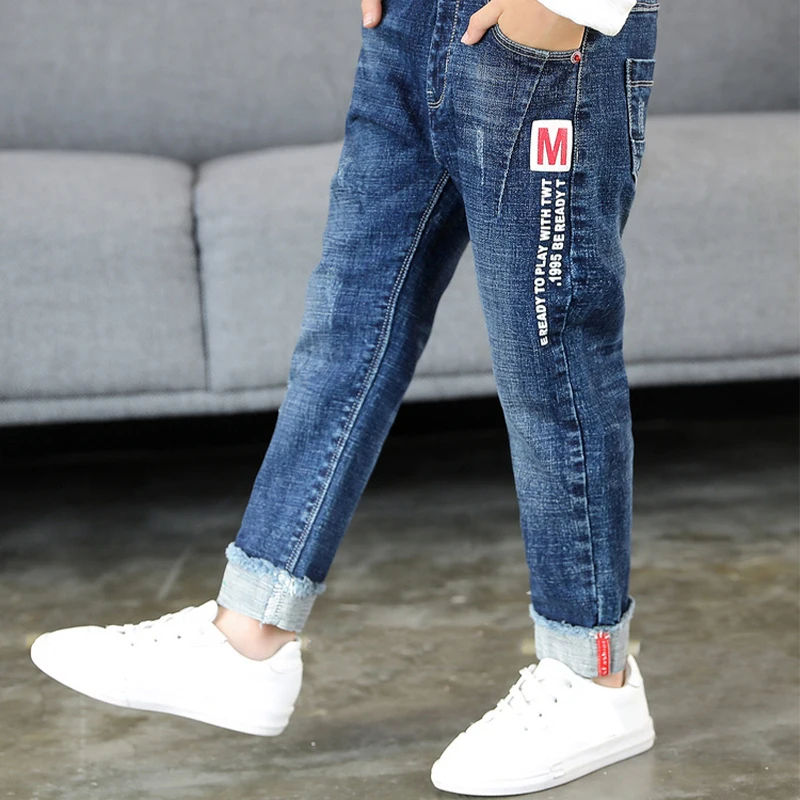 

DIIMUU Kids Summer Boys Jeans Solid Mid Elastic Waist Straight Letter Print Hole Long Trousers Children Boy Clothes Denim Pants