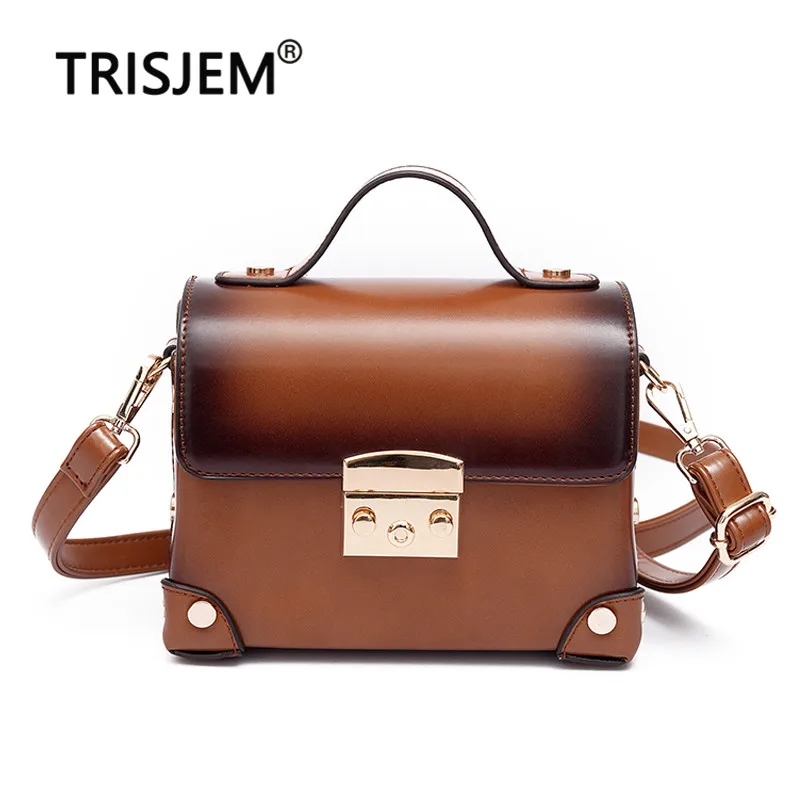 

Women Famous Brand Box Handbag Fashion Trunk Luxury Pu Leather Bag Small Mini Vintage Retro Design Oil Skin Lock Tote Brown Bags