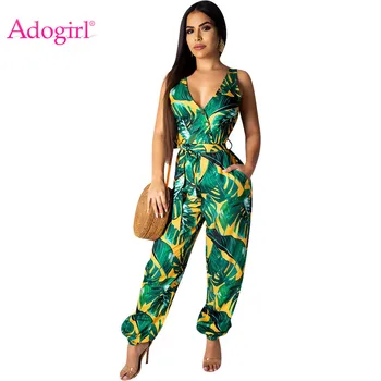 

Adogirl Leaf Print Sleeveless Loose Romper Buttons V Neck Backless Casual Summer Romper Wide Leg Pants Beach Outfits Playsuits