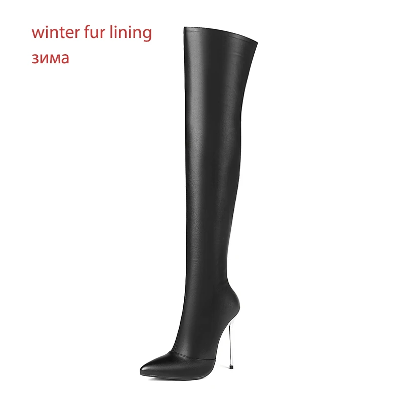 WETKISS/зимние пикантные женские сапоги на тонком высоком каблуке; эластичные сапоги из искусственной кожи; Женские Сапоги выше колена с острым носком; обувь на шпильках - Цвет: black pu short plush