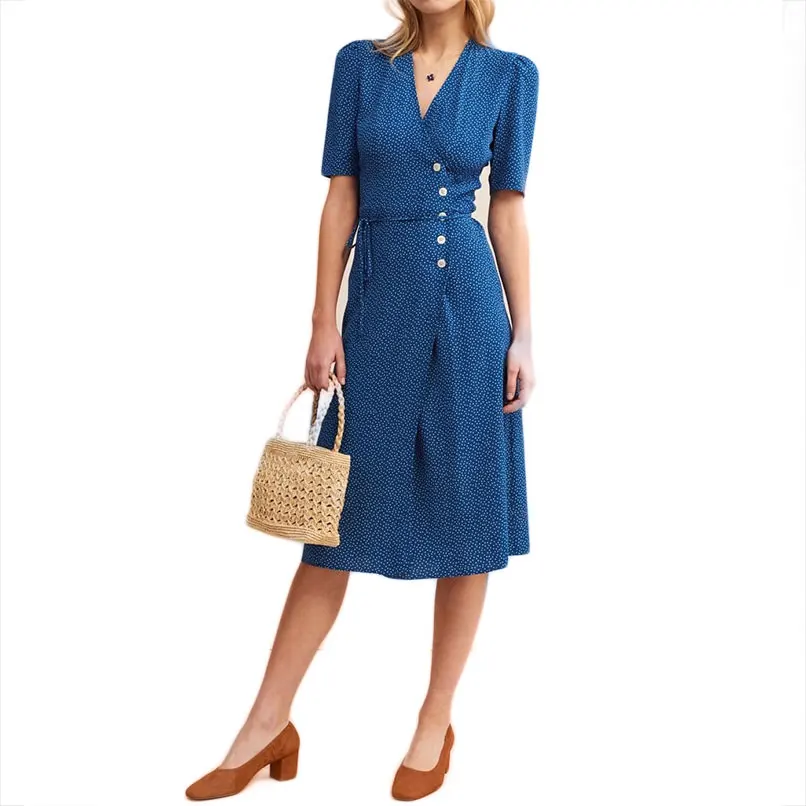 

Summer Women Polka Dot Blue Midi Wrap Dress Ladies Pin Up Beach Dress Robe Femme Ete 2019