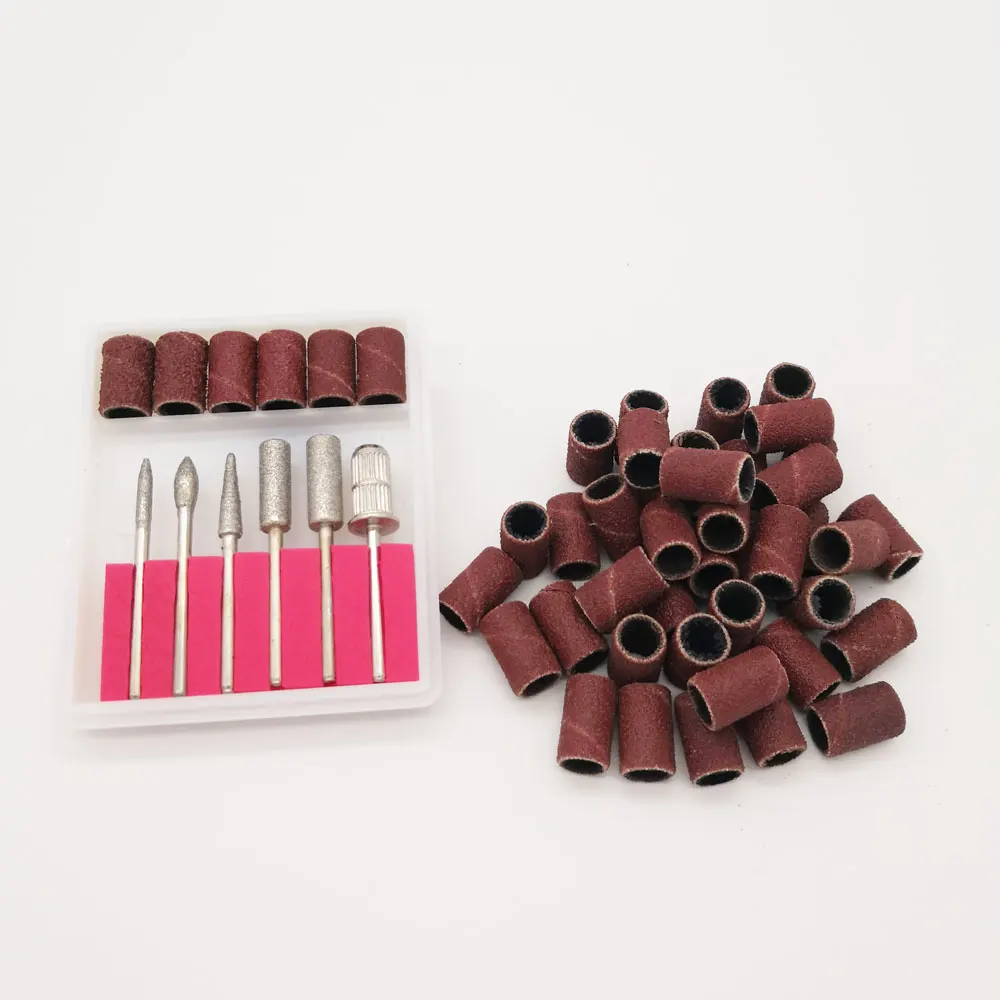 

100pcs sanding bands + 6Pcs Nail Art Drill Bit Replace Sandpaper Head Set with Case Polish Tips Grinding Shaping Machine