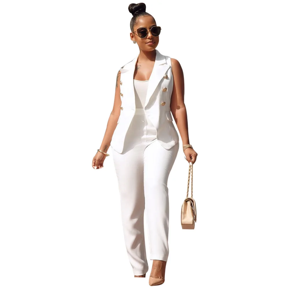 

White OL OfficeT wo Piece Suits Fashion Women Single Breasted Sleeveless Vest Blazer Coat and Long Pencil Pants Sets
