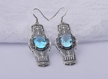 

Free shipping, 925 silver fashion retro oval sapphire double hollow out silver earrings women jewelry