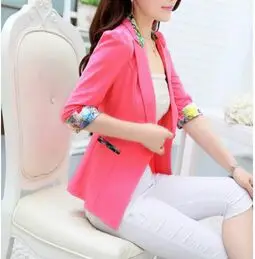 Summer Fall 2015 Floral Blazer Three Quarter Sleeve Candy Blazer Women Flower Slim Office Suit Thin Coat Plus Size S-2XL Y79
