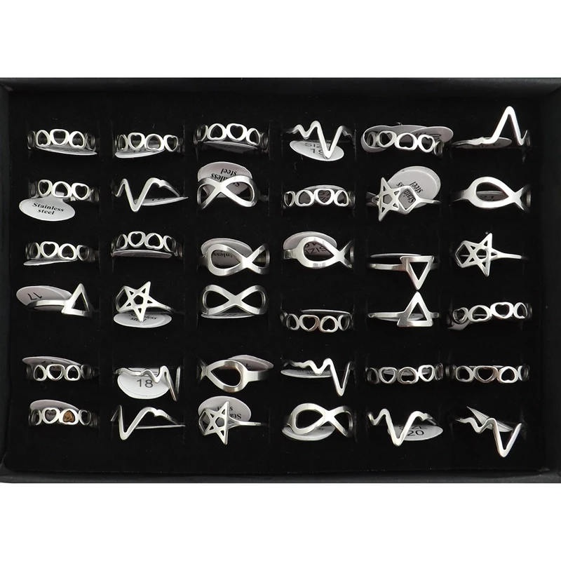 

Simple Stainless Steel Rings Stylish Modeling As Heartbeat, Triangle, Star, Etc. 36pcs/lot