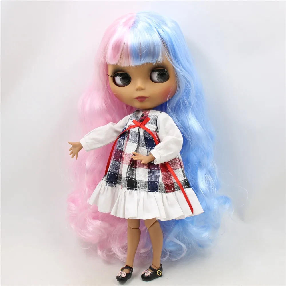 Заводская кукла blyth 1/6 bjd шарнирное тело темная кожа матовое лицо, розовые и голубые волосы, 30 см BL6005/1017