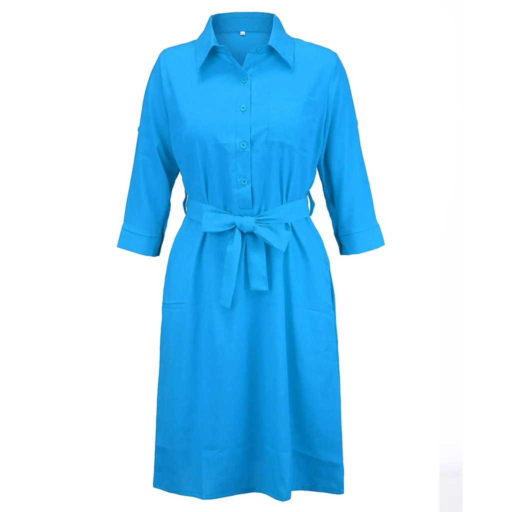 Summer Dress Women Fashion Casual Solid Color Pockets Button Turn-down Collar Three Quarter Sleeve Knee Length Vestidos OY41