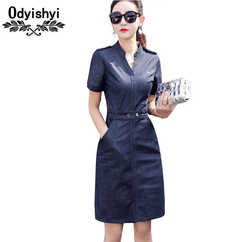

2019 Women Plus Size Summer Short sleeve V-Neck Solid Denim Dress Casual Fashion Slim A-Line Vestido Jeans Dress Female New HS74