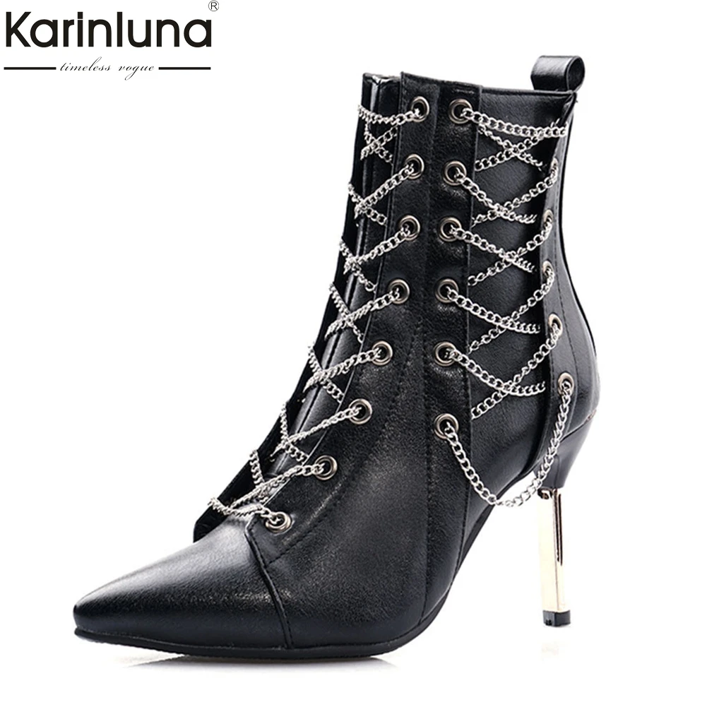

Brand design Big Size 32-48 Ladies High Heels Chain Pointed Toe Prom Women Shoes Woman Party Sexy Autumn Winter Ankle Boots