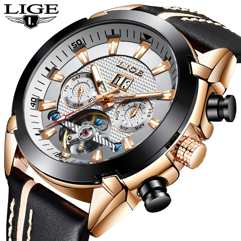 

LIGE 2019 Mens Watches Leather Strap Mechanical Tourbillon Military Waterproof Watch Mens Top Luxury Brand Relogio Masculino+Box