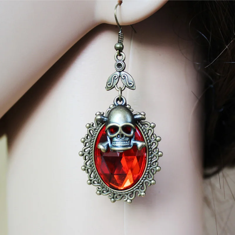 Women Earrings Fashion Punk Retro Bronze Pirate Skull Cross Bones Poison Dangle Flower Rhinestone Hook Drop Earring Lady Vintage 3