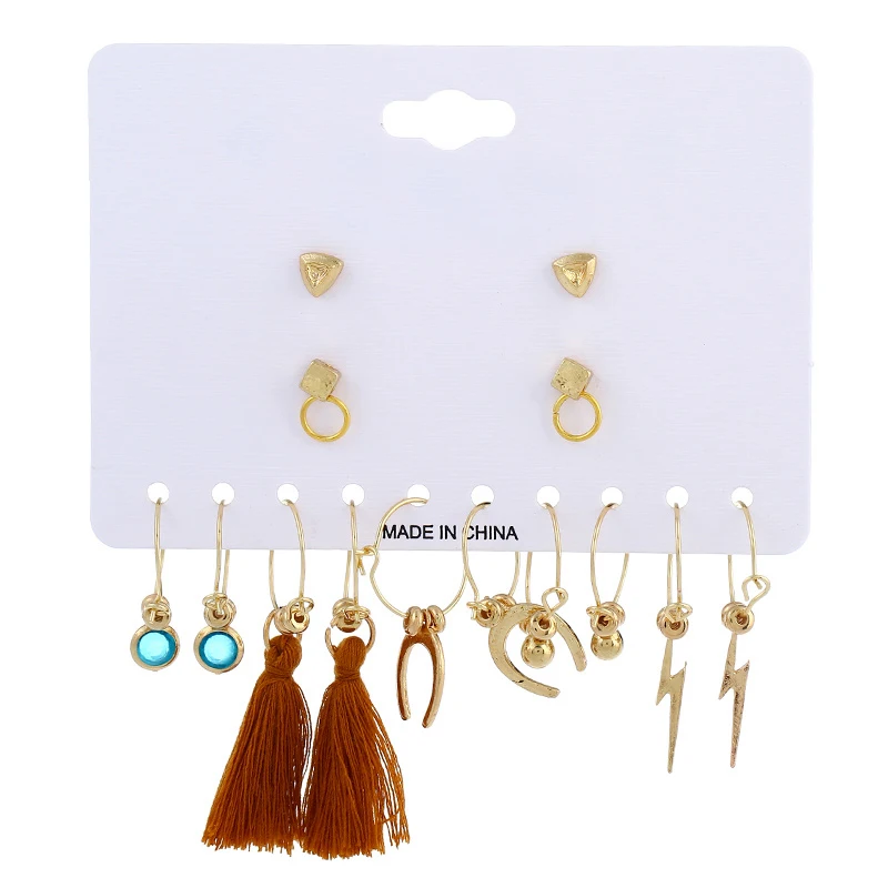 

8Seasons Bohemian Style Earrings Set For Women Party Geometric Moon Lightning Tassel Gold Color Stone Crystal Stud Earrings Set