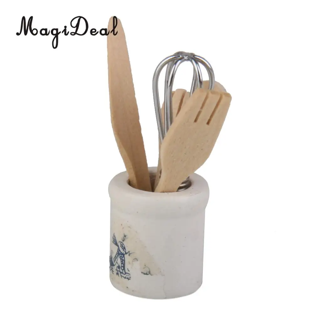 MagiDeal 1/12 Dollhouse Miniature Wooden Kitchenware Set Eggbeater Spoon for School Children Kitchen Pretend Play Tableware Toy