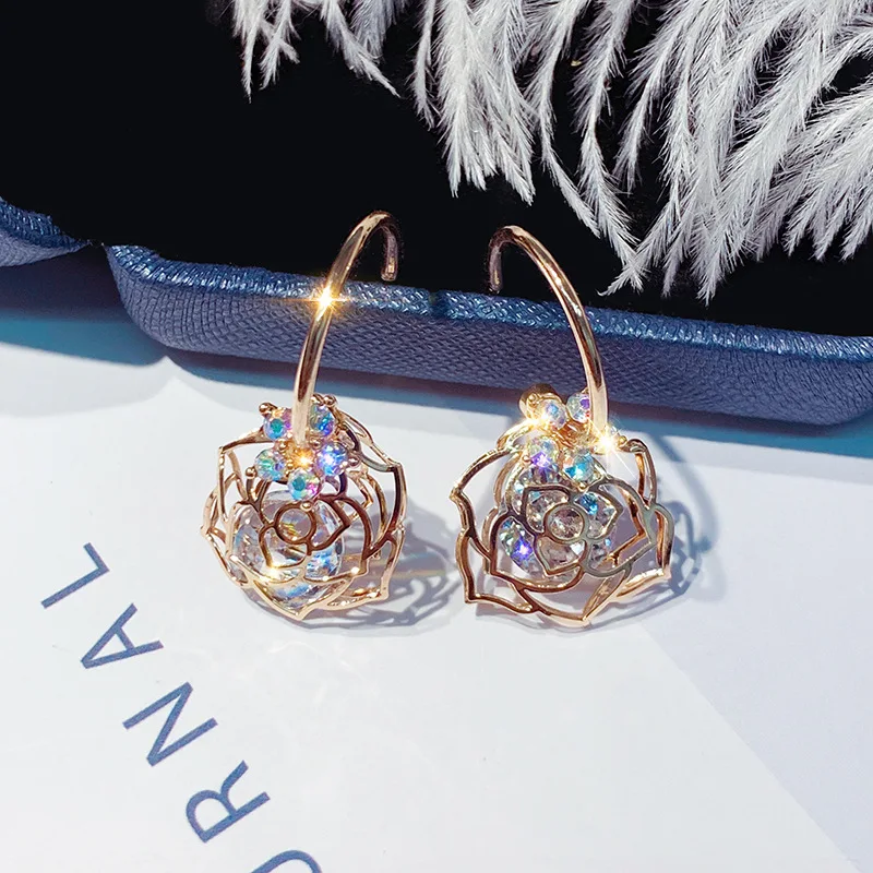

Romantic AAA Zircon Hollow Pierced Rose Flower Earrings For Women Gold Color Floral Wedding Jewelry S925 Silver Needle Z3E750