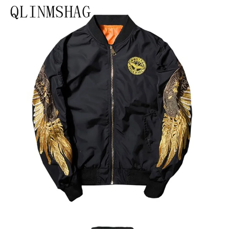 

QLINMSHAG2017 New Spring Autumn Black Angel Wing Embroidery Bomber Thin Jacket Men Hip Hop Coat Fashion Streetwear