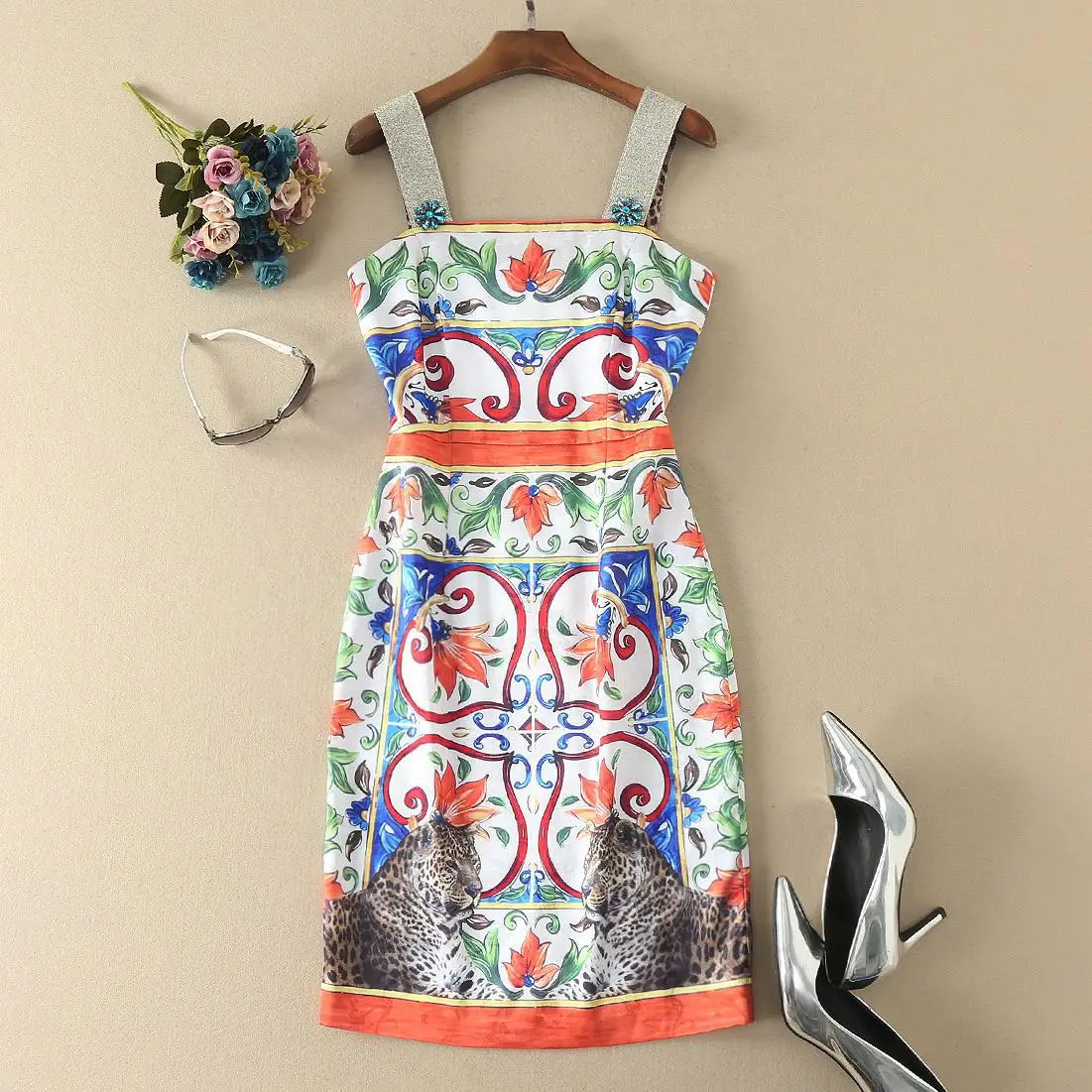 

Micosoni High Quality 2017 Early Autumn New Mercerized Cotton Jacquard Positioning Print Slim Diamond Double The Leopard Dresses