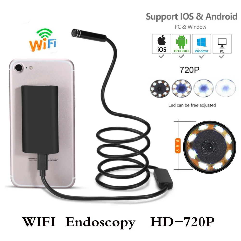 

Wifi Endoscope Camera Android 720P IOS Borescope Waterproof Lens Endoscopic Semi Rigid Hard Tube with 8 Leds Detector Endoscope