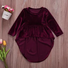 Детское винтажное платье винно-Красного цвета для маленьких девочек, асимметричный стиль, с длинными рукавами и золотым бархатом, Нарядный сарафан