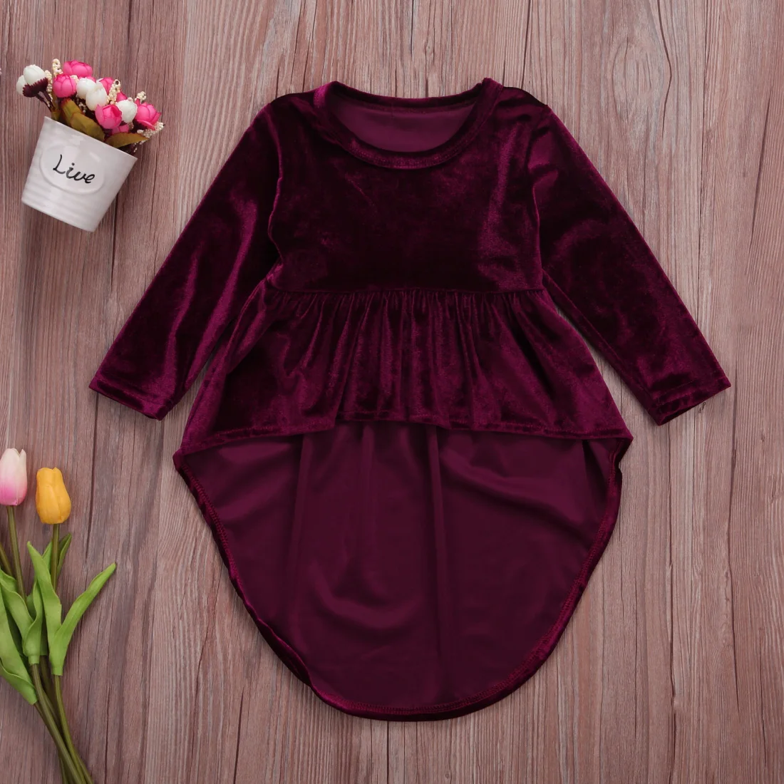 

Baby Girl Kids Vintage Wine-Red Dress Asymmetrical Style Long Sleeve Gold Velvet Party Sundress