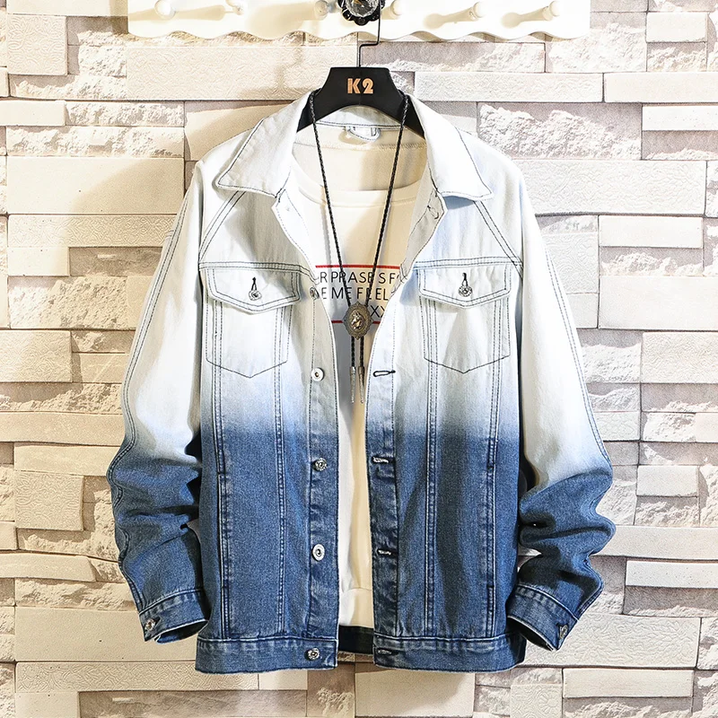 

New Mens Denim Jacket Slim fit Gradient color Male Casual Bomber Jackets Long Sleeved Spring Autumn Streetwear Coats