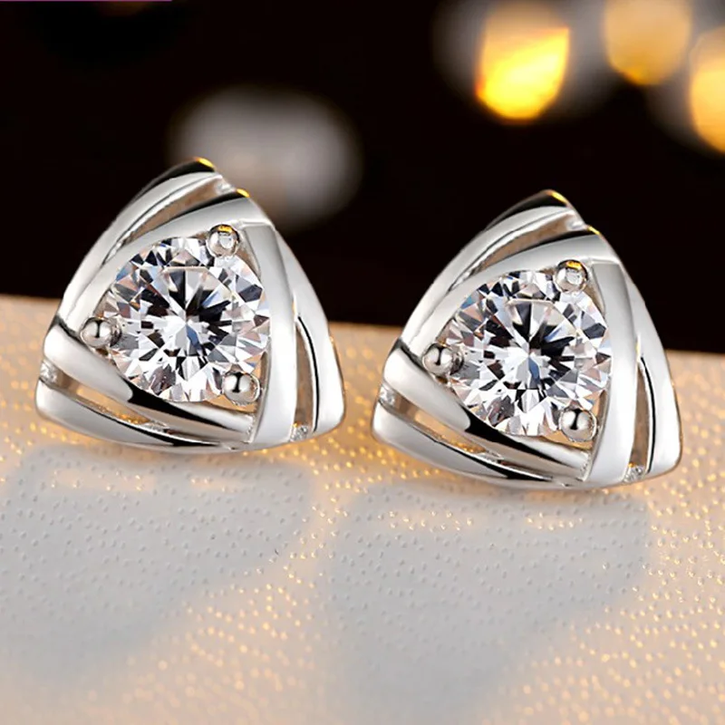 

100% 925 sterling silver fashion Triangle shiny CZ zircon female stud earrings jewelry Anti allergy women wedding gift cheap