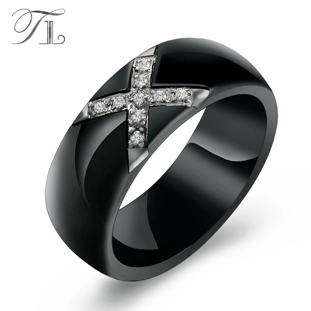 

TL Factory Price Fashion Rings Jewelry Female White Black Ceramic Boho Rings With Inlaid Crystal Cubic Zircon Rings for Women