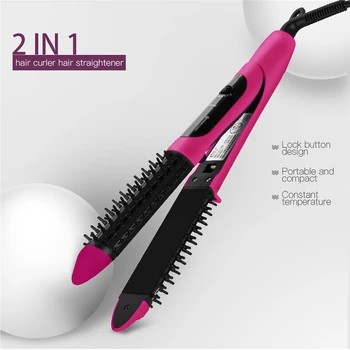 

Mini Portable Hair Curler Roller Brush Ceramic 2 In 1 Hair Straightener Corrugation Curling Flat Iron Round Straightening Comb