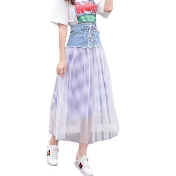 

New Arrival 2019 Summer Girls High Waist Mesh Patchwork Denim Skirt Fashion Women Sweet Lace-up Mid-long Beach Skirt CM181