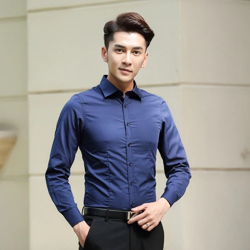 Чистого цвета мужские рубашки с длинным рукавом и тонкий дизайн Стиль рубашка Для мужчин хлопок и полиэстер рубашка из ткани мужской, Азиатский размер S-XXXXL Для мужчин рубашка - Цвет: Тёмно-синий