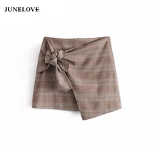 JuneLove летние женские клетчатые мини-юбки feminina с бантом, со шнуровкой, асимметричные юбки с высокой талией, милые юбки